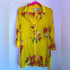 Chicos Yellow Floral 100% Silk Belted Button Up Tunic Blouse 2 L 12